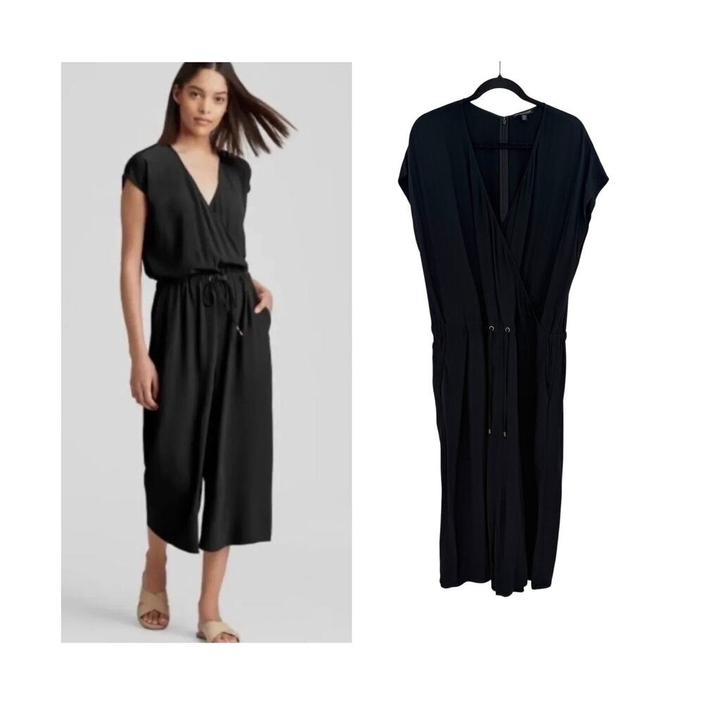 Eileen Fisher Tencel Viscose Crepe Wrap Wide Leg Jumpsuit Black Size Large